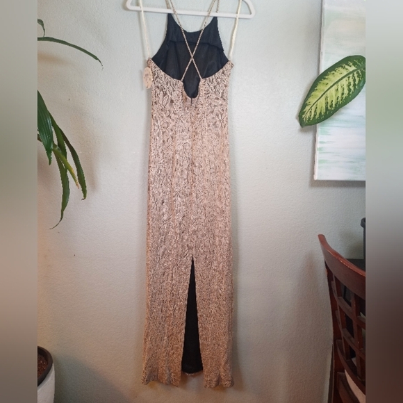Vintage NWT Alchemy Shimmery Knit Overlay Lurex Gold Disco Crossback Maxi Dress - Picture 5 of 8